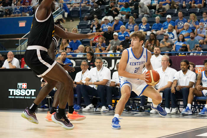 Jul 15, 2023; Toronto, Ontario, Canada; USA-Kentucky guard Joey Hart (20) looks to pass the ball against BAL Selects-Africa during the first half at Mattamy Athletic Centre. Mandatory Credit: John E. Sokolowski-USA TODAY Sports
